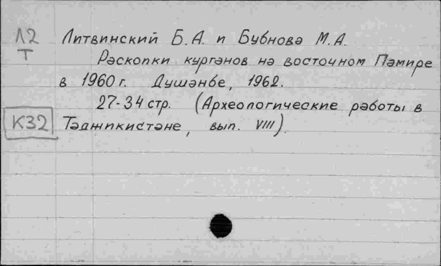 ﻿№ /ІИТ&ИНСКИЙ Б.Д. и Бубнова М.Д.
Р&СКОПКИ Кур ГОНОВ Нд &ОСТОУ НОМ Памир
& /960 г. Душанбе t /962.
—---.	27-3^ стр. (археологические работы в
К27І ~Тад№ и кийтоне	&ь/п. V///)